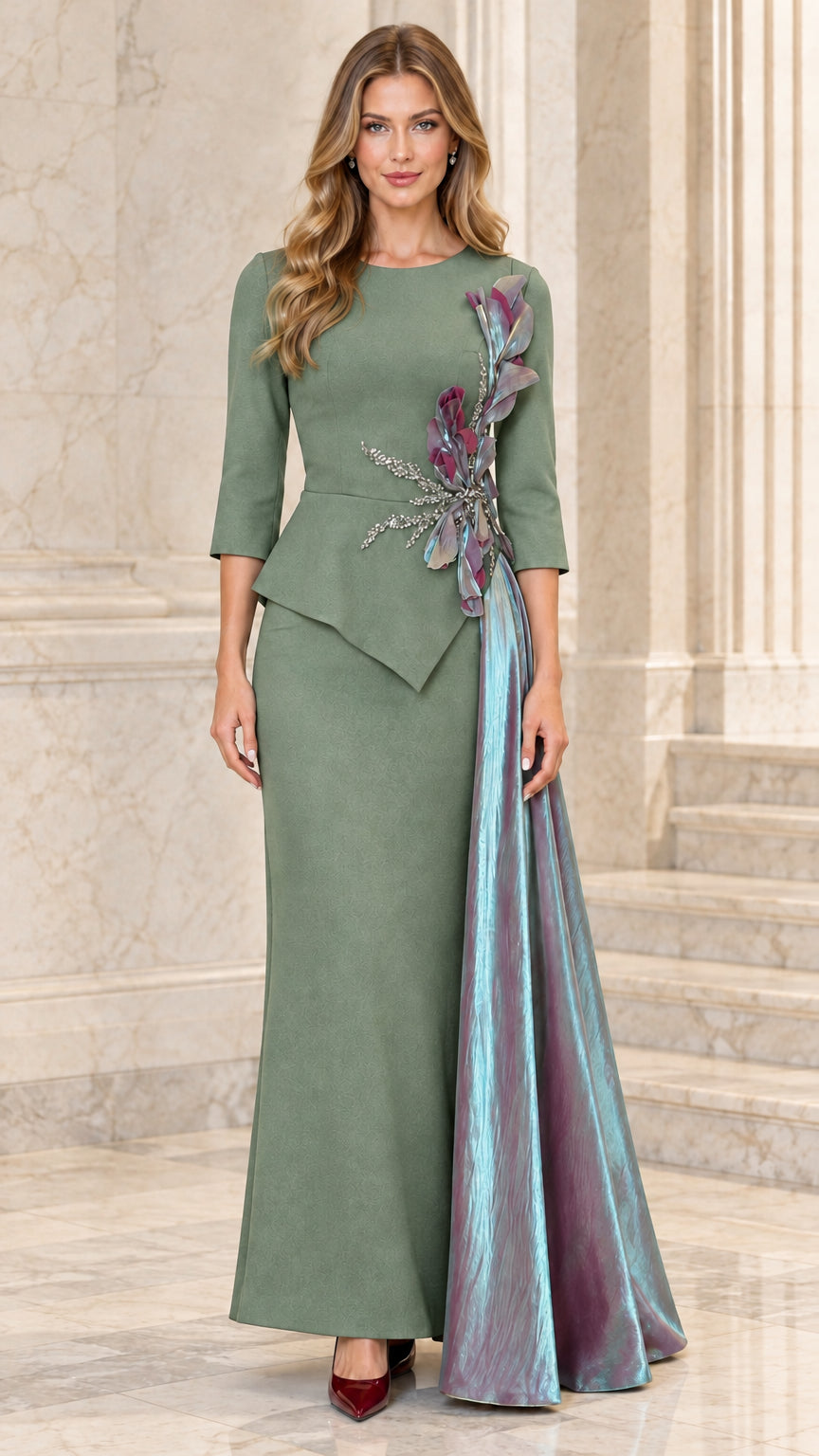 Front view of sage green formal evening gown with asymmetric peplum and side cascade