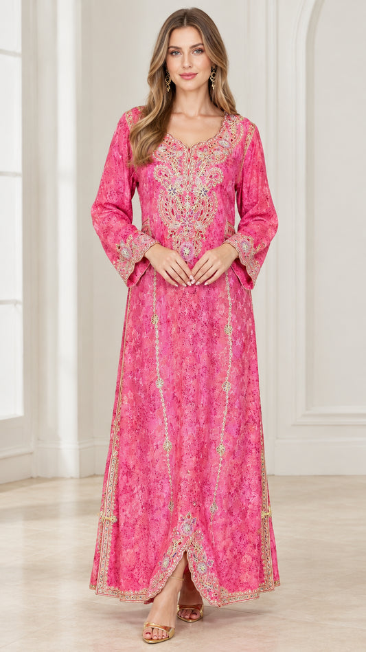 Full-length front view of woman wearing Fuchsia Pink embroidered kaftan maxi dress