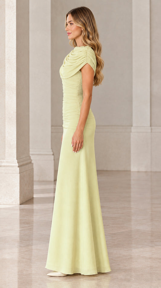 Side profile view of pale yellow formal ruched column gown