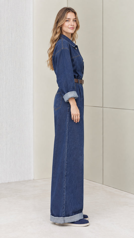 Side profile view of woman wearing blue wide-leg denim jumpsuit