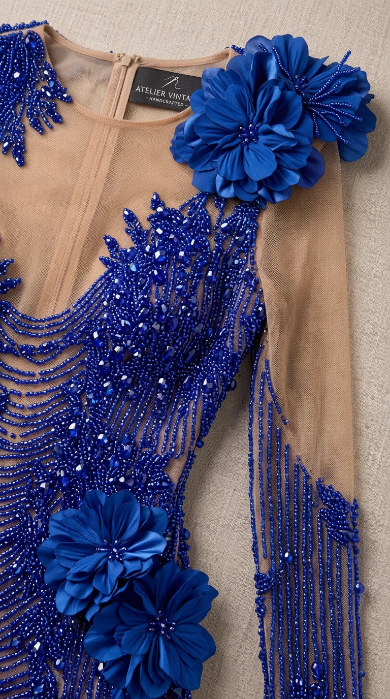 Close-up detail of mesh neckline, blue beadwork, and handcrafted 3D floral applique