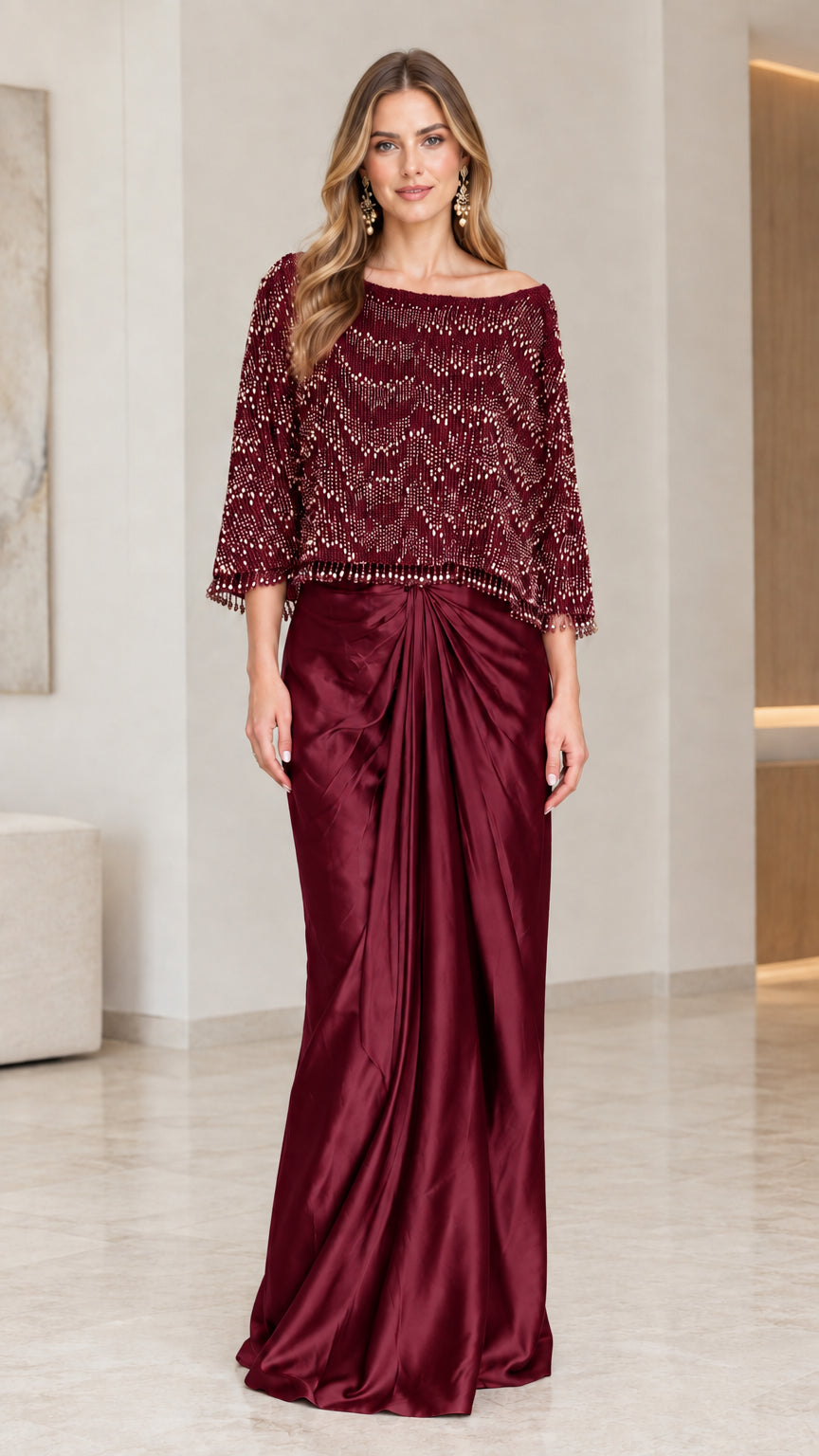 Full-length view of the formal evening gown in Burgundy